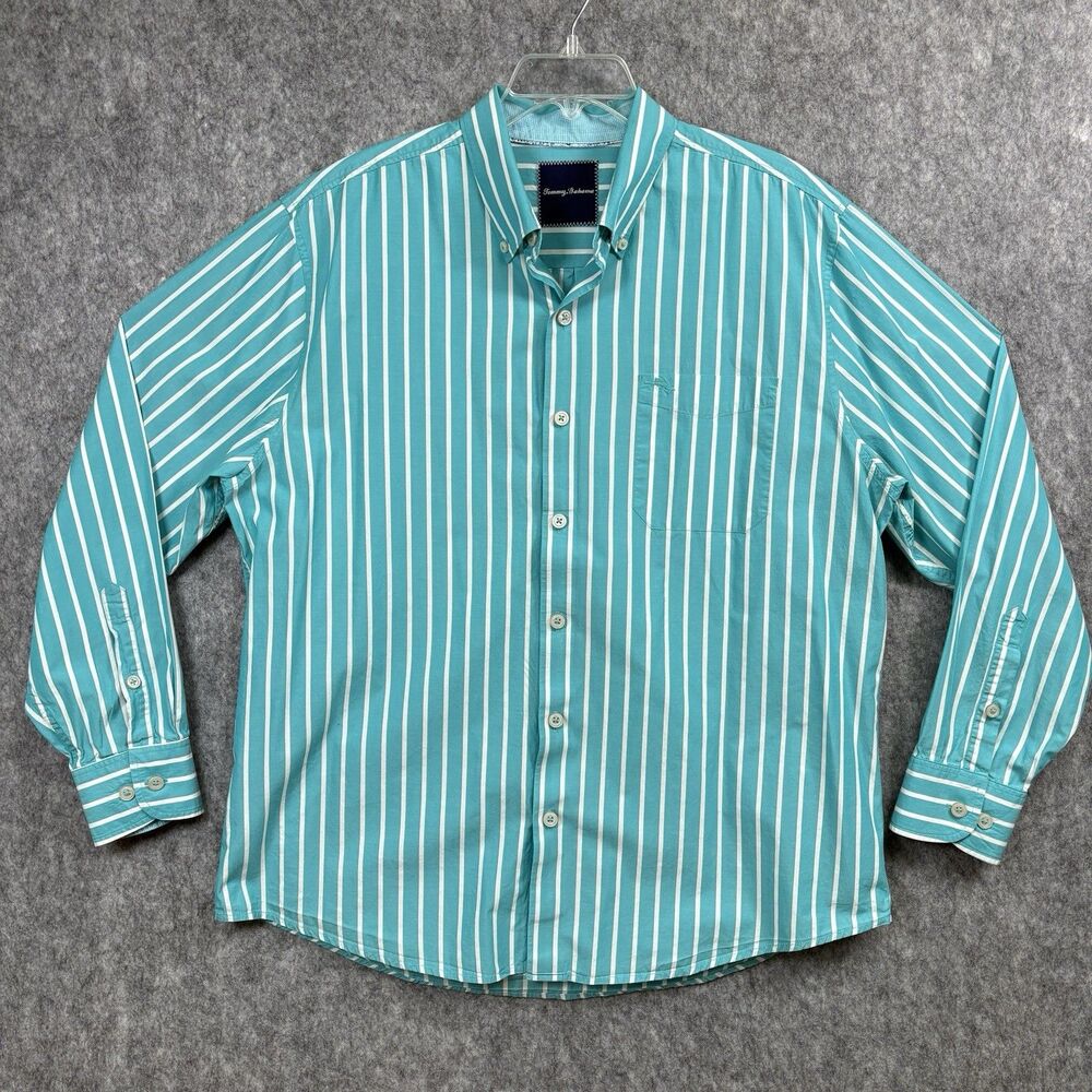 Tommy Bahama Mens Large Long Sleeve Striped Green White Cotton Button Down Shirt